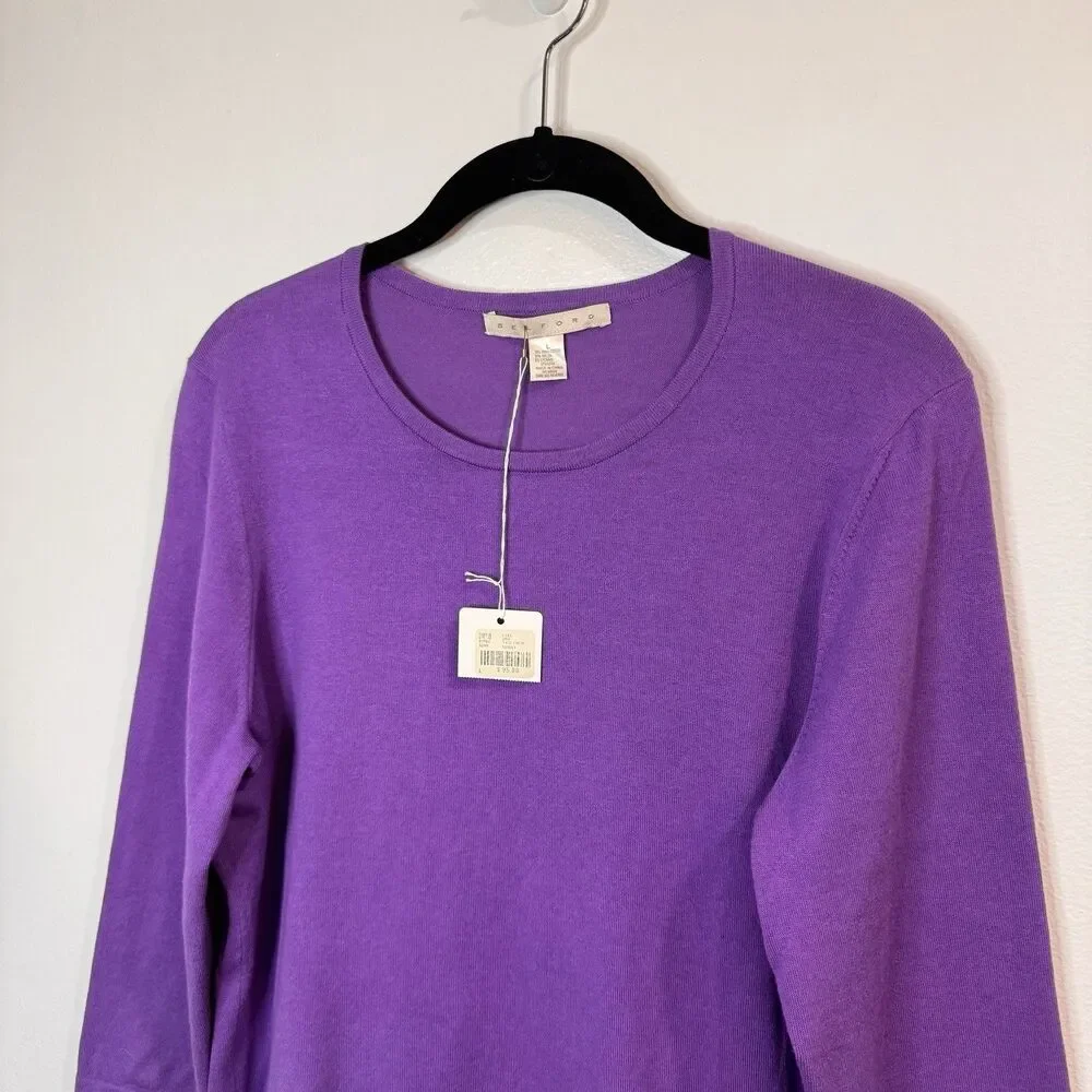 NWT Belford Sweater Shirt L $95 Pima Cotton Purple Stretch 3/4 Sleeves Basic